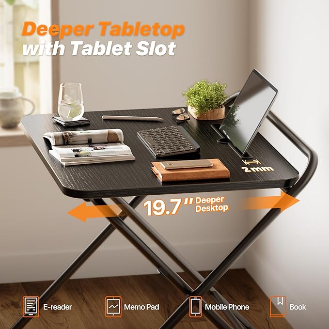 Huuger Folding Desk with 3-Level Adjustable Height and Tablet Slot, 24 Inch Foldable Computer Desk for Small Spaces, Space Saving, Study Writing Work Table for Home Office, Bedroom, Study, Black