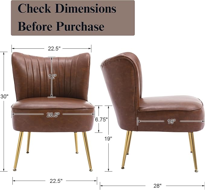 PU Leather Accent Chair Set of 2 - Comfy Armless Slipper Mid Century Side Chair With Golden Legs - Wingback Single Sofa for Living Room, Bedroom, Guest Room - Brown