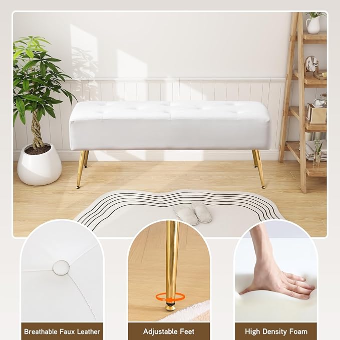 Furnimart Upholstered Tufted White Bench Ottoman with Padded Seat, Footrest Foot Stool with Sturdy Metal Leg, White Leather Bench for Bedroom Living Room Entryway