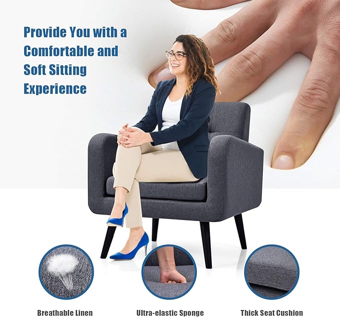 Giantex Upholstered Accent Chair Set of 2, Modern Mid Century Linen Fabric Living Room Chair with Arms, Max Load 265 Lbs, Comfy Tufted Single Sofa for Reading, Bedroom, Office, Club, Grey