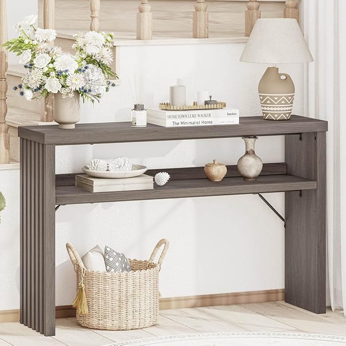 BON AUGURE Sofa Console Table, Wood Entryway Table, Grey Behind Couch Tables with Open Storage, Modern Narrow Hallway Tables (Greige Oak, 47 Inches)