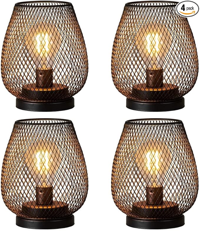 NEEDOMO Battery Operated Lamp Table Powered Lantern, Set of 4 Metal Cage Cordless Lamps with LED Bulb, Vintage Decorative Outdoor Lantern for Weddings, Parties, Patio, Events for Indoor Shelf Decor