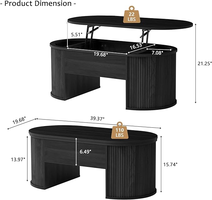 ORRD Lift Top Coffee Table, Fluted Coffee Table with Lifting Top, Wooden Lift Up Dining Table with Hidden Compartment, Center Table for Living Room, Office - Black
