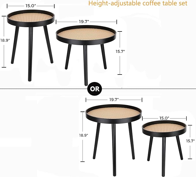 Rattan Round Side Table, Black Small End Table, Accent Table, Modern Boho Bedside Table, Mid-Century Patio Side Table, End Tables for Living Room Bedroom Office Balcony