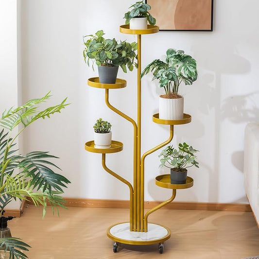 CHPHI 5 Tier Indoor Plant Stand Wrought Iron, Tall Metal Plant Stand with Wheels, Metal Rolling Plant Shelf with 5 Trays, Multi-tier Rolling Display Stand for Home and Office(Gold)
