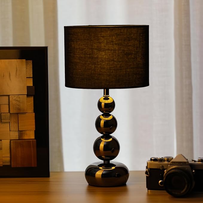 Small Modern Bedside Table Lamp, 7 x 7 x 13 Inch Farmhouse Table Lamps, Black Metal Ball Table Lamp for Living Room Bedrooms and Office (Black Fabric Lampshade)