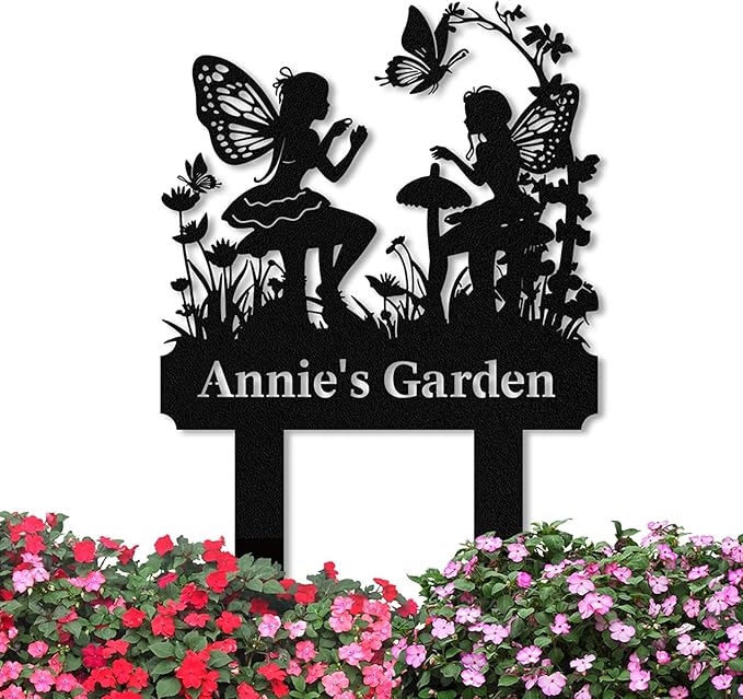Personalized Garden Signs with Stake, Metal Custom Fairy Garden Signs for Outdoor Waterproof, Customized Metal Name Sign, Home Patio Yard Outdoor Decor Gifts for Gardeners