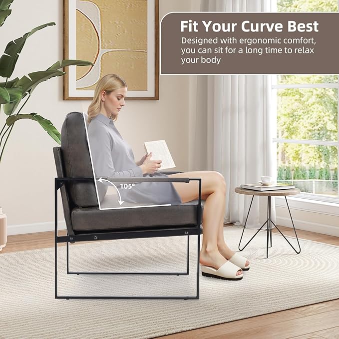 INZOY Mid Century Modern Accent Chair with Removable Cushions Set of 2, Comfy PU Leather Living Room Chairs with Thicker Backrest and Cushion, Metal Frame Design, Dark Grey