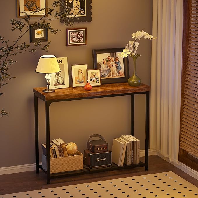 32" Small Console Table, 2-Tier Entryway Table, Sofa Table with Mesh Shelves, Console Tables for Living Room, Bedroom, Hallway, Entryway, Foyer, Rustic Brown