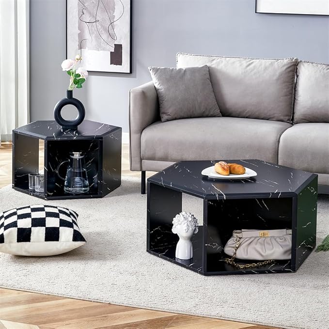Faux Marble Coffee Table Set for 2, Modern Living Room Table Set, Black Center Table Set, No Assembly Required - Ready to Use