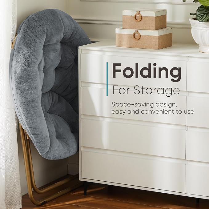 DUMOS Comfy Saucer Chairs Cozy Faux Fur Soft Lounge Cute Folding Bedroom Living Room Seat Flexible Reading Foldable Seating for Kids Adults Thick Padded Metal Frame Modern for Home Office Classic Gray