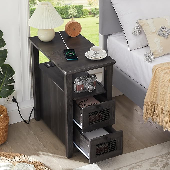 Farmhouse XXL End Table with Charging Station, Narrow Side Table with USB Ports and Outlets, Nightstand with 2 Drawers Storage, Grey Bedside Tables for Living Room, Bedroom