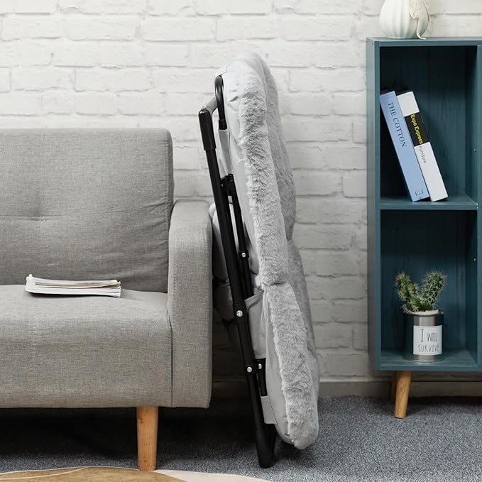 HollyHOME X-Large Saucer Chair with Foldable Ottoman, Comfy Oversized Folding Chair and Folding Footrest Stool Set, Faux-Fur Reading Chair and Footstool for Living Room, Bedroom, Grey Chair&Stool