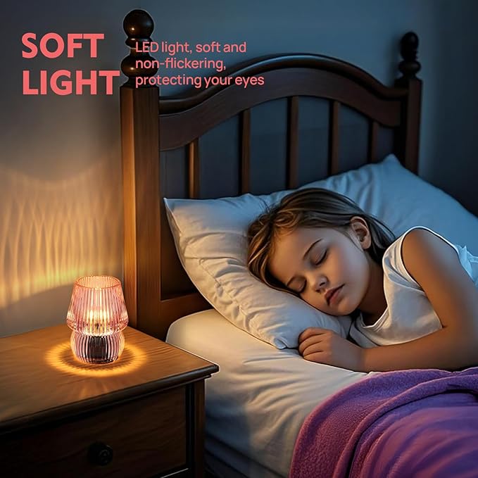 Battery Operated Lamp with Timer, Small Cute Cordless Glass Table Lamp for Home Decor, Kitchen, Bathroom, Birthday Gift for Women, Mushroom, Pink