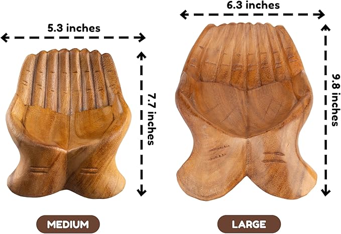 Curawood Carved Hands Offering Bowl - Crystal Holder for Stones, Rock Collection Holder, Crystal Display Storage Tray, Wooden Hands Bowl for Keys - Rock Display Case for Shelf, Stand, Altar Decor (M)