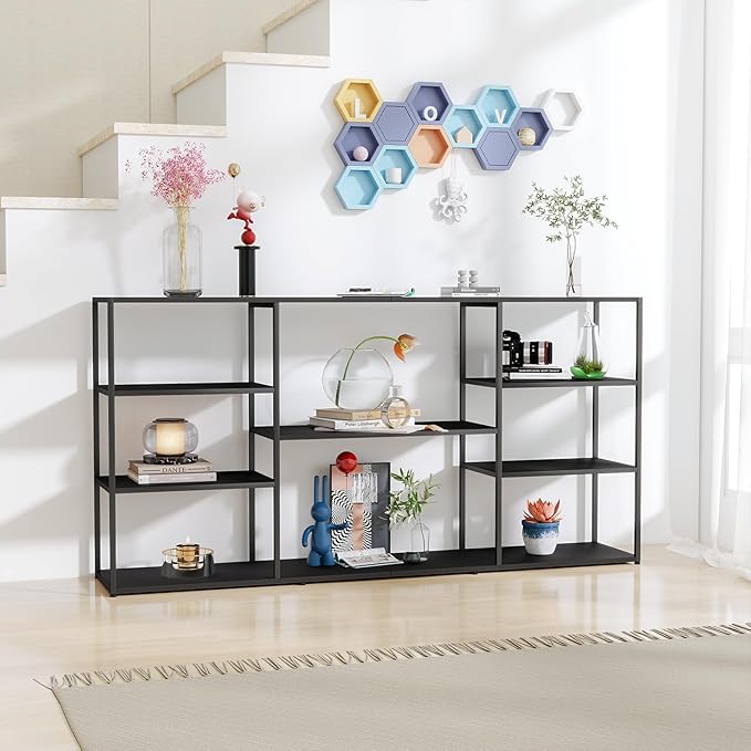 63 Inch Metal Console Table with 8 Storage Shelves,Extra Long Entryway Table,Narrow Sofa Table,Hallway Table for Entrances to Corridor, Foyer,Living Room (Black, 62.99×11.81×31.5)