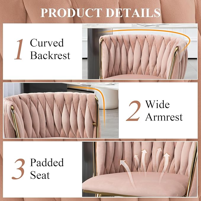 NIOIIKIT Modern Velvet Dining Chairs Hand Weaving Accent Chairs Living Room Chairs Upholstered Side Chair with Golden Metal Legs for Dining Room Kitchen Vanity Living Room (Pink)
