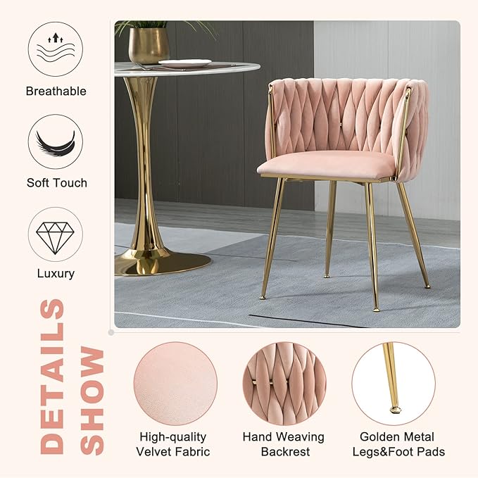 NIOIIKIT Modern Velvet Dining Chairs Hand Weaving Accent Chairs Living Room Chairs Upholstered Side Chair with Golden Metal Legs for Dining Room Kitchen Vanity Living Room (Pink)