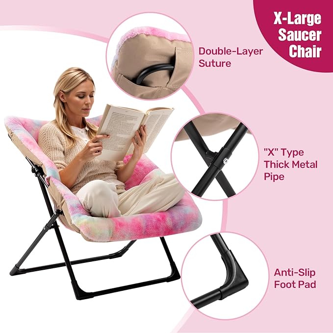 HollyHOME X-Large Saucer Chair, Comfy Oversized Folding Chair, Faux-Fur Reading Chair for Teens, Adults, Foldable Accent Lazy Chair, Metal Frame Lounge Chair for Living Room, Bedroom, Dorm, Colorful
