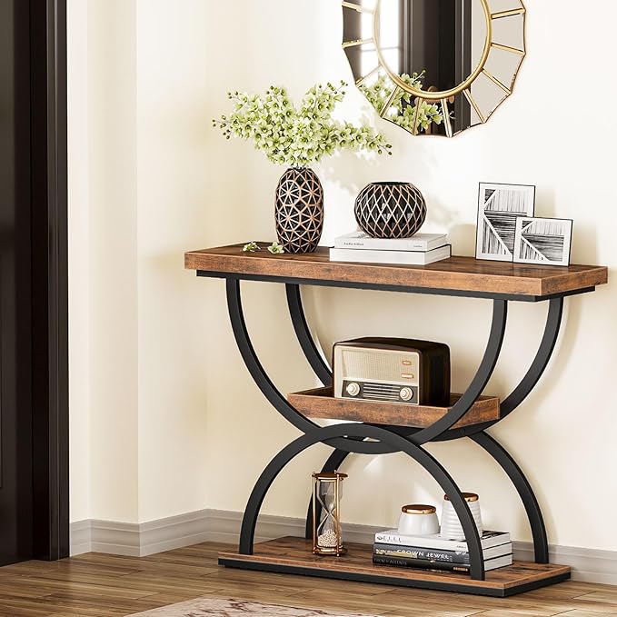 Snughome Entryway Table, 39.4" Console Table, 3-Tier Industrial Sofa Table Behind Couch Accent Table, 200 LBS Load Tabletop, Easy Assembly, for Hallway, Living Room, Foyer, Rustic Brown