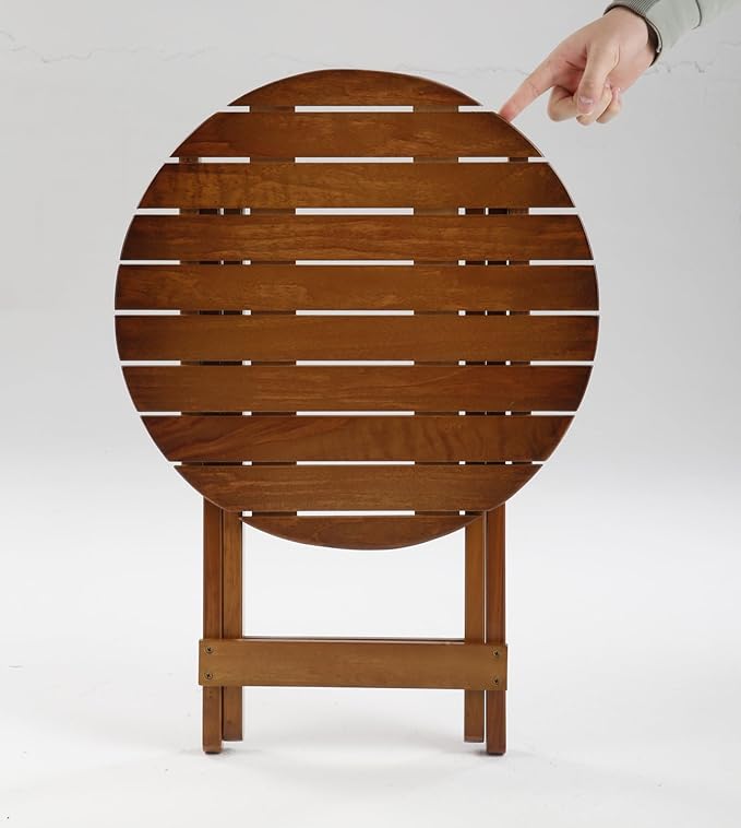 Outdoor Small Table Round Folding Side Table, Foldable Wooden End Table for Indoor, Porch, Patio, Camping as Coffee Table or Plant Stand, Brown ﻿