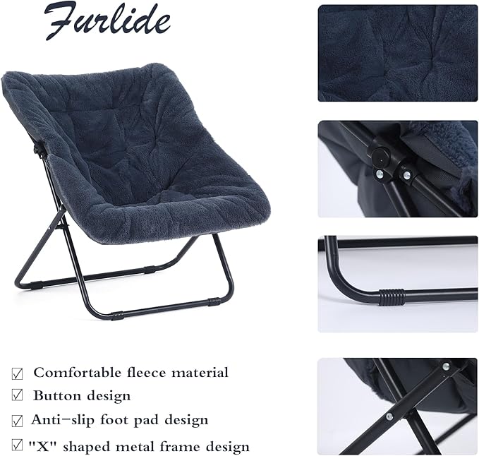 Saucer Chair, Comfy Doorm Chairs, Oversized Folding Faux Fur Chair, Foldable Metal Frame Chair, for Bedroom, Living Room, Balcony, Study, Playroom (Navy Blue)