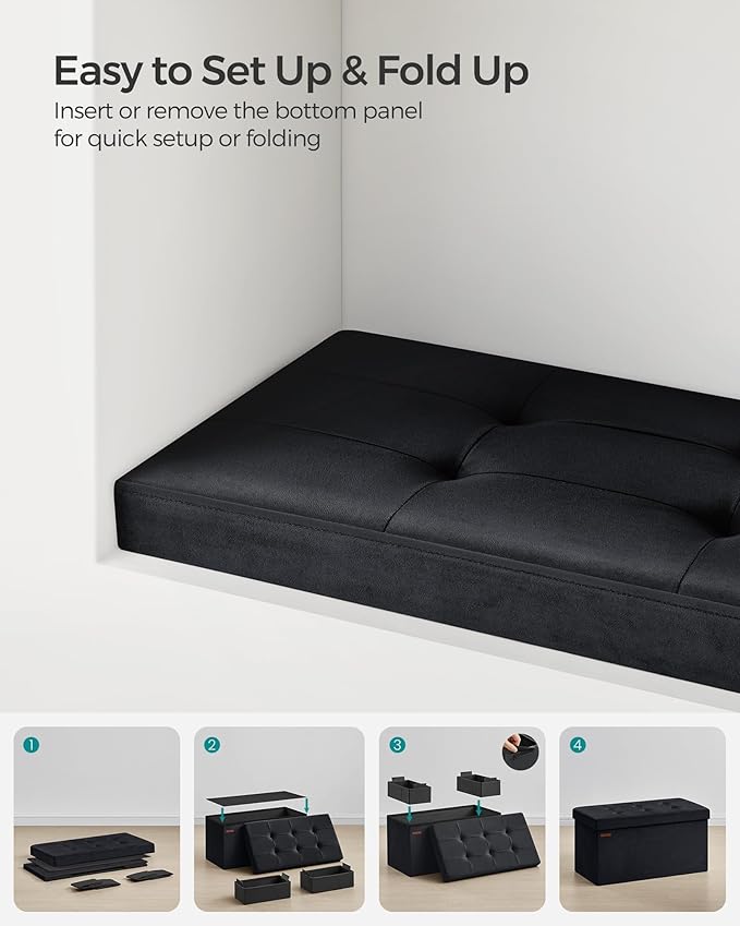 SONGMICS Mazie Collection - Storage Ottoman Bench, Foldable Foot Rest, 15 x 30 x 15 Inches, End of Bed Bench, Storage Chest, Load 660 lb, Living Room, Bedroom, Entryway, Ink Black ULSF247B01