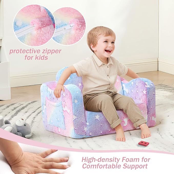 MeMoreCool Toddler Chair & Sofa Bed – Glow‑in‑The‑Dark Unicorn Design | Convertible Fold‑Out Plush Couch for Kids Ages 1‑5, Machine‑Washable Cover, Ideal for Playroom, Naps, Travel