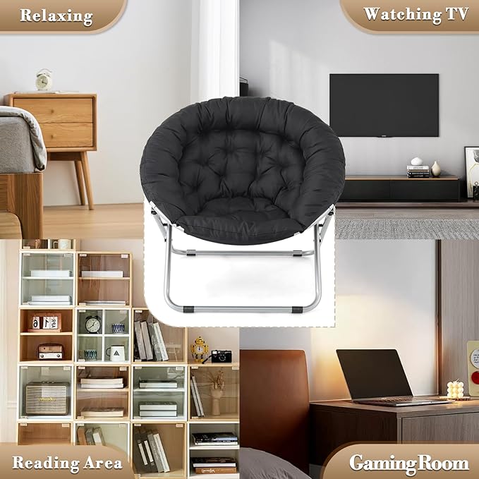 Athena Collection Comfy Saucer Chair, Folding Oversized Cozy Chair for Bedroom Living Room Fabric Reading Chair, Foldable Metal Frame Round Lazy Chair Moon Chair for Adult Set of 2, Black