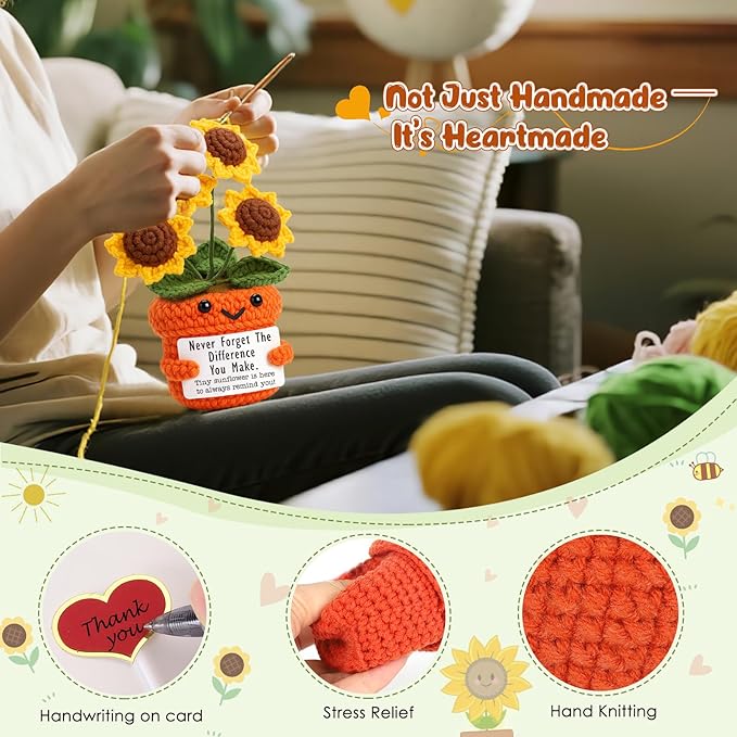 Mini Thank You Gifts for Women Handmade Crochet Sunflower Appreciation Gift for Teacher,Nurse,Coworker,Friends,Mentors,Volunteers–Retirement,Farewell,Encouragement, Christmas, Birthday Present