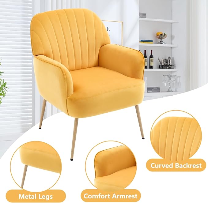 Velvet Accent Chair, Modern Upholstered Single Sofa Side Living Room Chair, Comfy Barrel Reading Armchair with Metal Legs for Bedroom, Waiting Room, Office and Cafe, Yellow