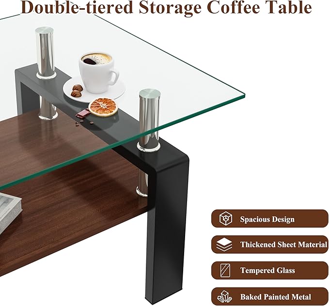Coffee Table for Living Room, Modern Rectangle Tempered Glass Center Table with MDF Storage Shelf, 220lbs Load-Bearing for Small Space, Apartment, Office (Transparent + Black + Tempered Glass)