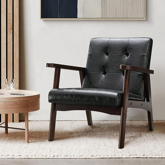 Bonzy Home Mid Century Modern Accent Chairs Set of 2 for Living Room, Upholstered Faux Leather Armchair Comfy Retro Bedroom Side Chair with Solid Wood Frame, Black