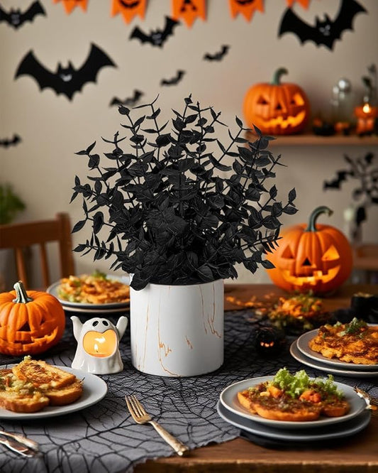 2 Pack Halloween Fake Plants Eucalyptus Potted, Black Artificial Plants, Black Decor for Home Desk Shelf Office Bathroom Coffee Table Halloween Decor