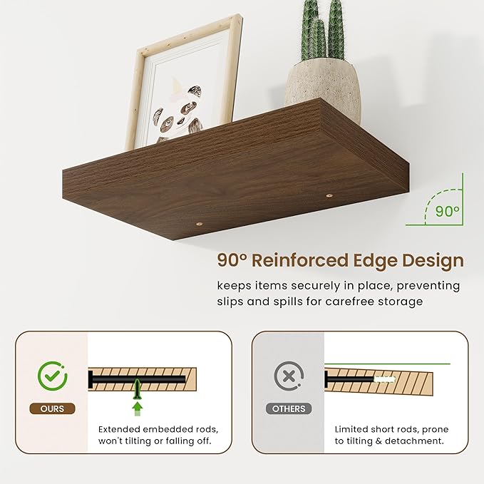 16in Floating Shelves for Wall, 16"W x 9.25"D x 1.25"H, 2 Pack Long Wall Mounted Engineered Wood Shelves with Invisible Brackets for Living Room, Bedroom, Bathroom, Kitchen Decor and Storage, Walnut