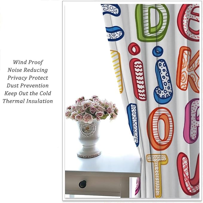 BAEKJIN Kids Educational Alphabet Curtains, Hand Drawn Colorful ABC Letters Pattern Print Decor Window Drapes for Bedroom Living Room 42x45 Inch