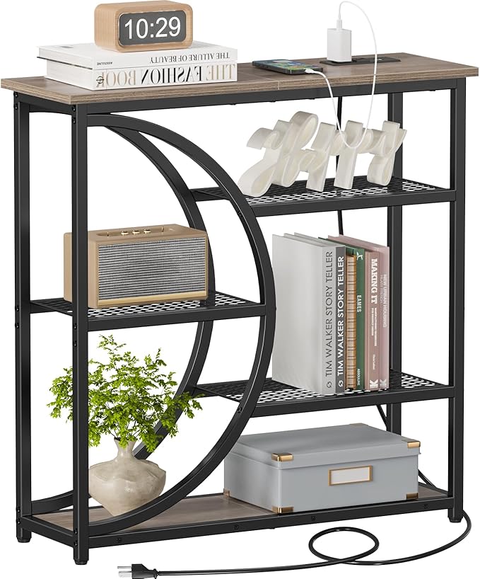 Snughome Entryway Table, Console Table with Charging Station, Industrial Narrow Sofa Table with 5 Tier Storage Shelves, Entrance Table for Hallway, Living Room, Foyer, Grey
