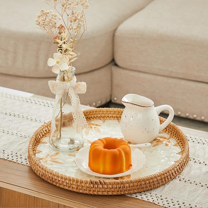 Shellac Rattan Tray with Mother of Pearl Inlay, Round Decorative Serving Tray for Home Décor Coffee Table Storage and Display, 100% Natural Materials - Orange 13.5"