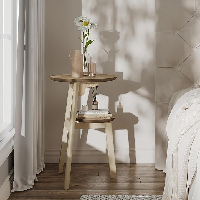 ChooChoo Round End Table Set of 2, Narrow Side Table for Small Spaces, Accent Table Night Stand with 2 Tier Shelf for Bedroom and Living Room, Natural