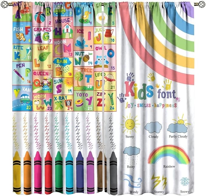 BAEKJIN Kids Alphabet Curtains，Crayon Rainbow and Cute Cartoon Animals Pattern Print Decor Window Drapes for Bedroom Living Room 42x45 Inch