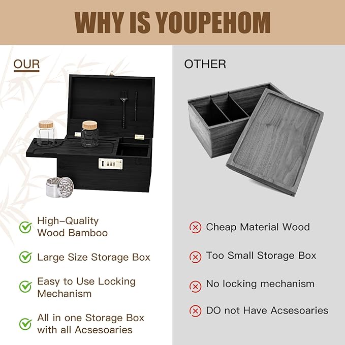 Large bamboo box, locked storage decorative box with combination lock, wooden lock box with lid, wooden locked storage box with removable tray and jars (Black)