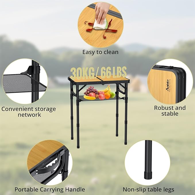 Anbte 2ft Camping Table Foldable with Storage Net, 3 Adjustable Heights Aluminum Small Folding Table, Lightweight, Portable Handle, for Travel Outdoor Beach Camping Picnic, 23.2" x 16", Yellow