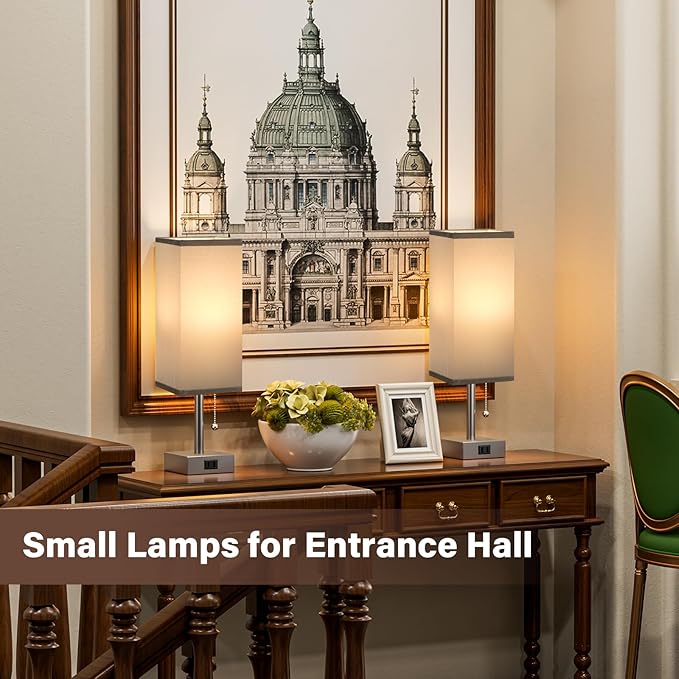 Fenmzee Grey Bedside Table Lamps for Bedroom Set of 2 - Small Rectangular Nightstand Lamp with AC Outlet Charging Port, 3 Color Temperatures Light, Tabletop Reading Lamp for Living Room/Dorm/Office