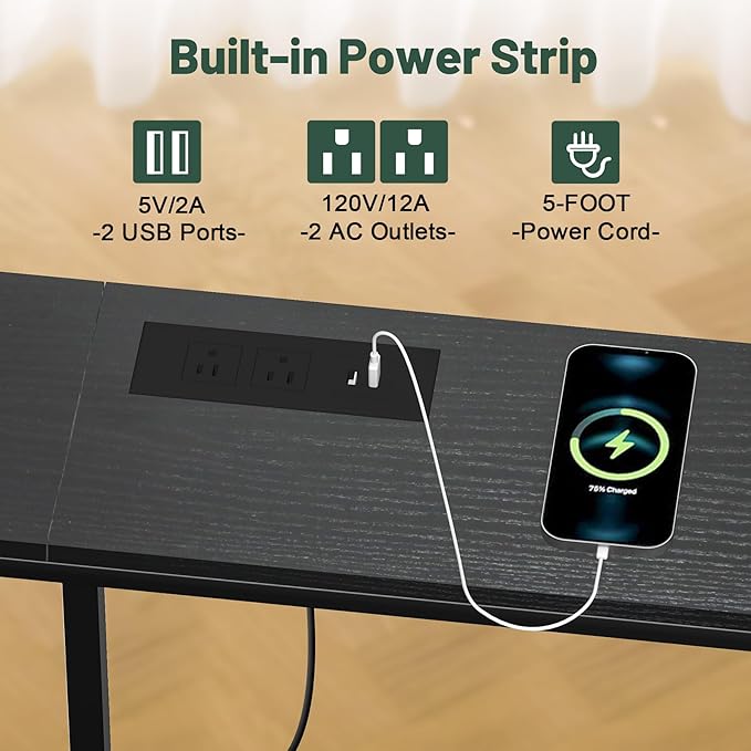 70 Inch Console Table with Outlet, Sofa Table with Charge Station Long Entryway Table for Office, Hallway, Bedroom, Living Room(Charcoal Black)