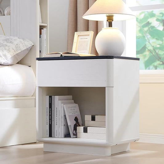 ACCOHOHO Modern Nightstand with Charger Station, 22" Wide Night Stand with Storage Drawer & Open Shelf, Large Bedside Table for Bedroom, Wood End Table, Curved Profile, White
