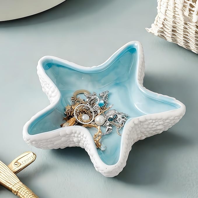 Starfish Jewelry Dish Ceramic Holder Ring Trinket Tray, Ocean-themed Decorative Trinket Dish, Suitable for Mother Friend Sister, Gifts for Women, Home Decor Trinket Dish(Sea Blue)