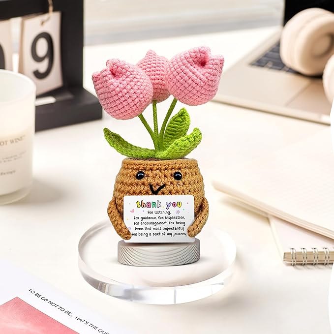 Gossby Handmade Positive Tulip Flower Crochet - Thank You for Listening - Knitted Decor - Thank You, Appreciation, Positive Gift for Women, Teacher, Mom, Friend, Coworker - Christmas, Birthday Gift