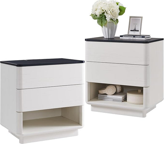 ACCOHOHO Nightstand Set of 2 with Charging Station, 22" Large Modern Bedside Table with 2 Drawers Storage,Push-to-Open End Table for Bedroom,Living Room,Off White