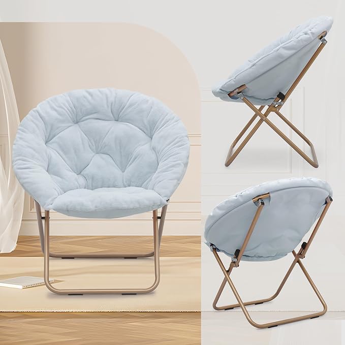Athena Collection Saucer Chair with Ottoman Comfy Chair for Bed Room Living Room Folding Round Cozy Chair Faux Fur Metal Frame Foldable Lazy Chair Accent Chair Reading Chair, Blue