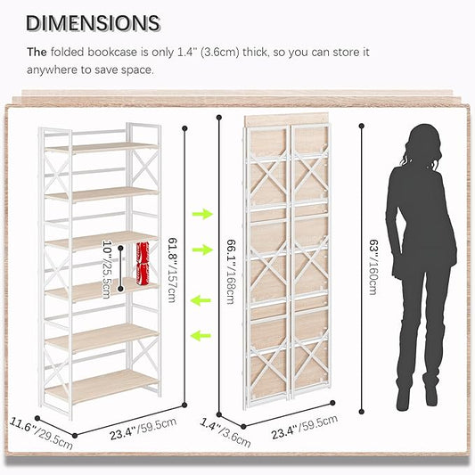 4NM 6 Tiers No Assembly Book Shelves, 61.8" H Folding Bookshelf Bookcase Open Industrial Foldable Shelves for Bedroom, Living Room, Home Office - Natural White